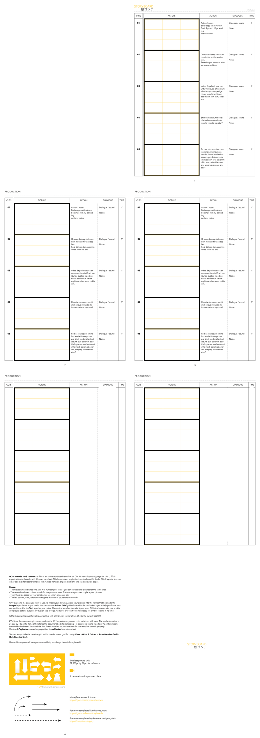 InDesign anime storyboard template 16:9 Avenir Book on A4 Vertical