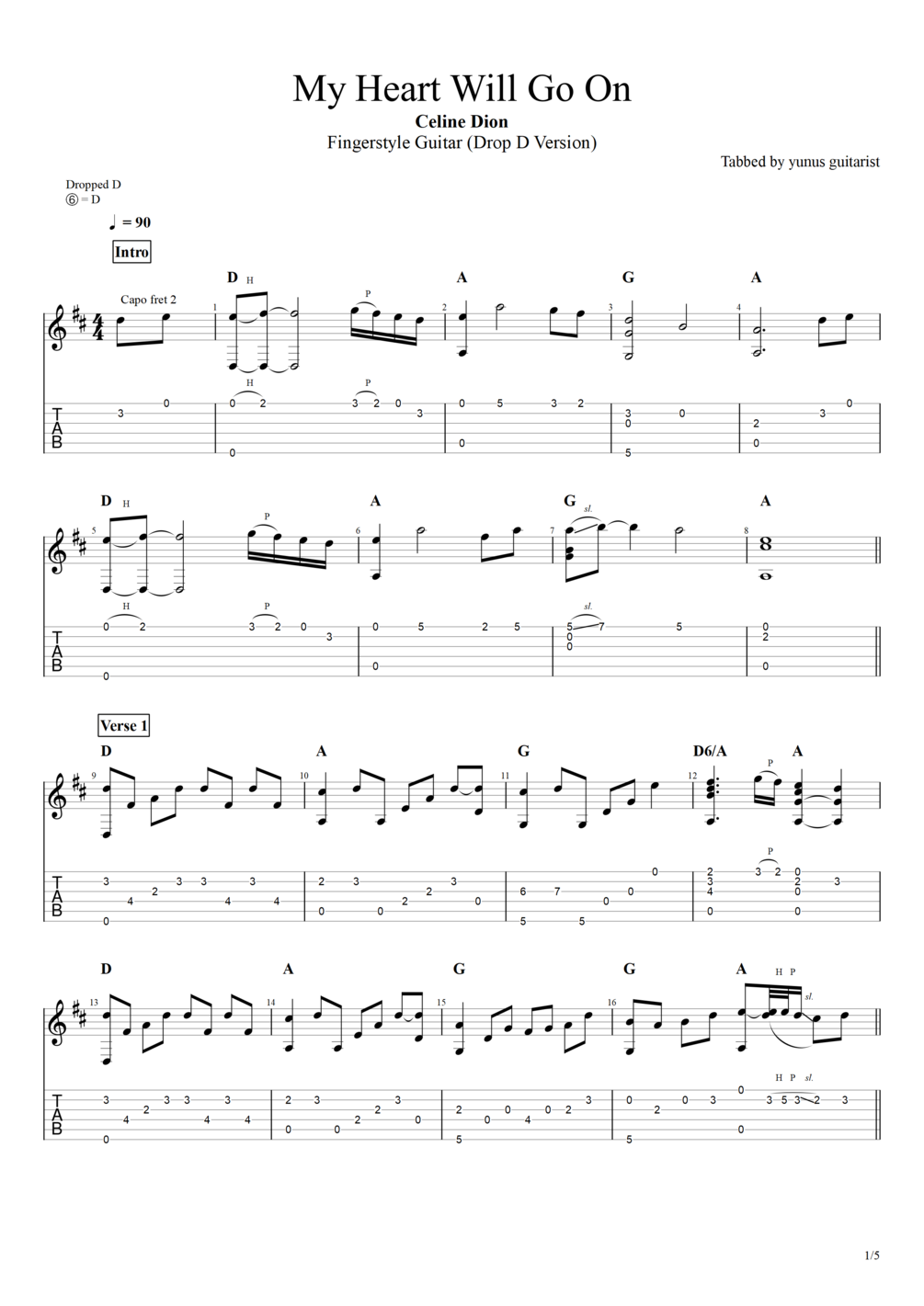 TAB. My Heart Will Go On (Drop D Version)