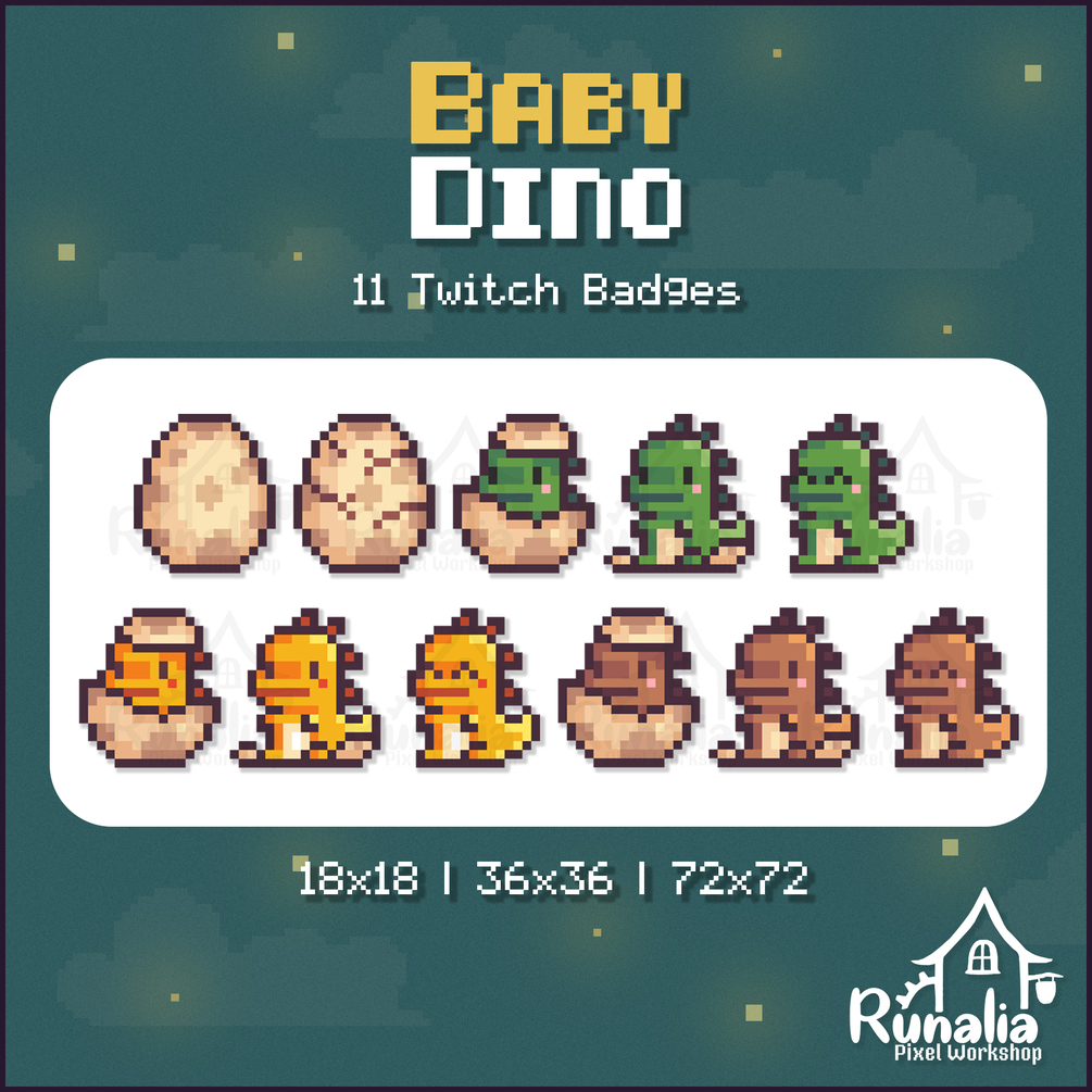 Baby Dino | 11 Pixel Art Twitch Bit / Sub Badges / Emote | Cute & Retro ...