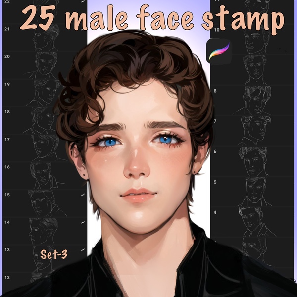 Male face stamp (set of 25)+PNG files by Black Satan Draws