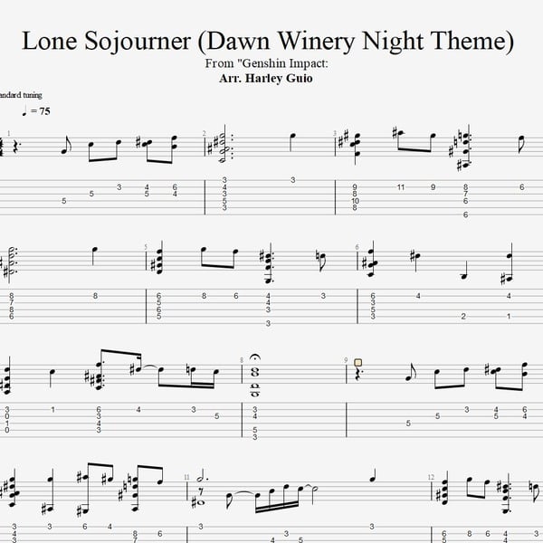 Lone Sojourner - Dawn Winery Night (Genshin Impact) fingerstyle guitar tab PDF by Harley Guio