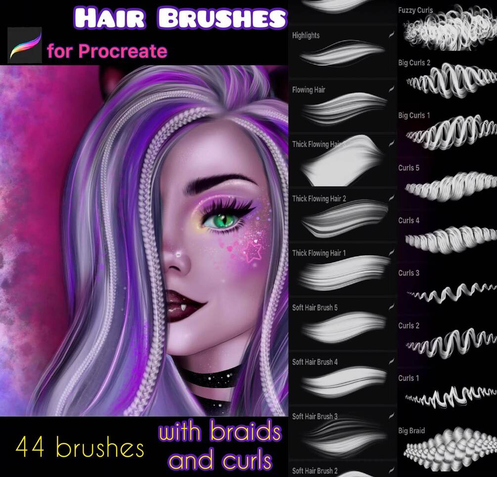 44 Brushes for Procreate (hair, eyebrow, eyelash)