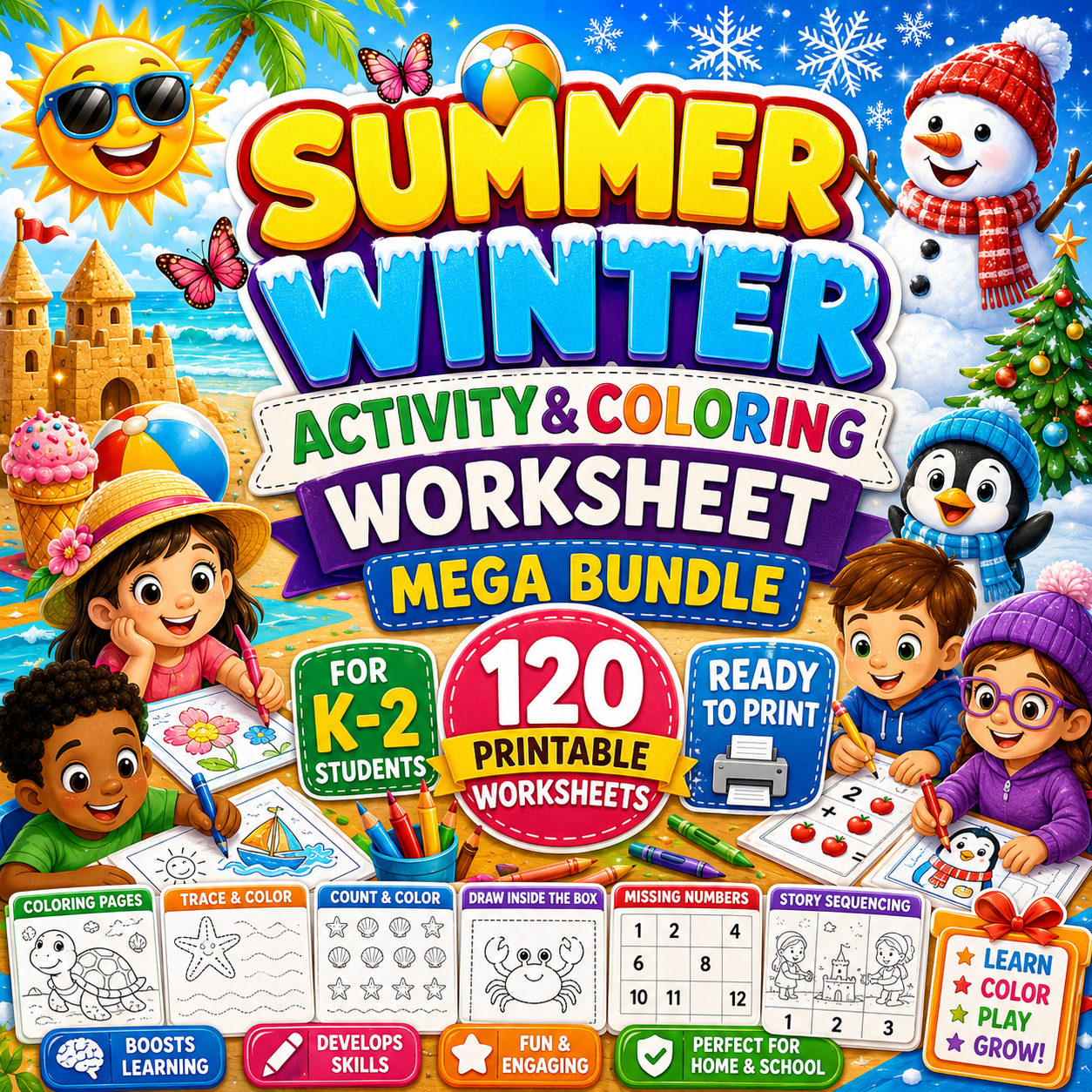 Summer Winter Activity Coloring Worksheet Mega Bundle