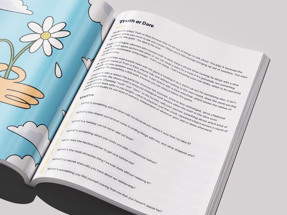 The Truth or Dare section open beside a colorful flower illustration
