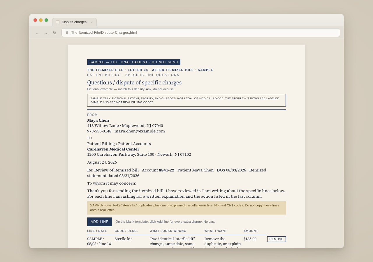 Dispute charges letter open in a browser — Add line table for questioned charges