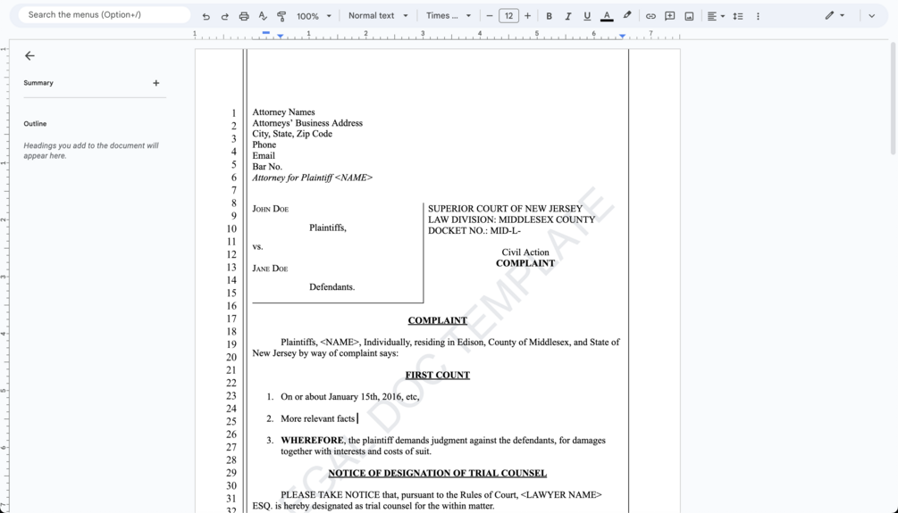 Google Docs Legal Pleading Paper Template