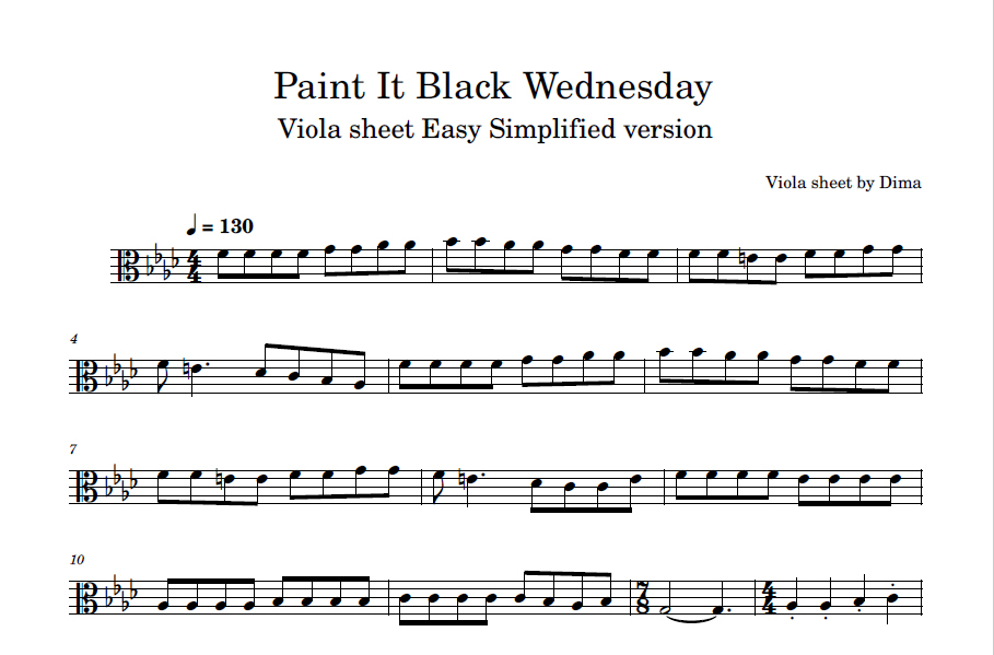 Paint It Black Wednesday Addams Viola Sheet (Easy Simplified Version)