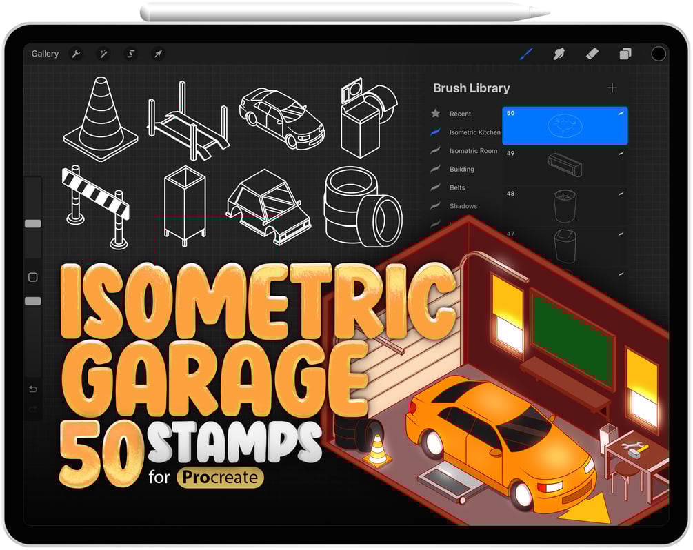 50 Garage Isometric Stamps Brushes Collection for Procreate by ProCreativeBreeze