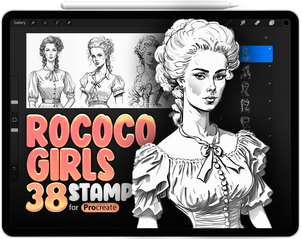 38 Procreate Rococo Girls Stamp Brushes Collection by ProCreativeBreeze