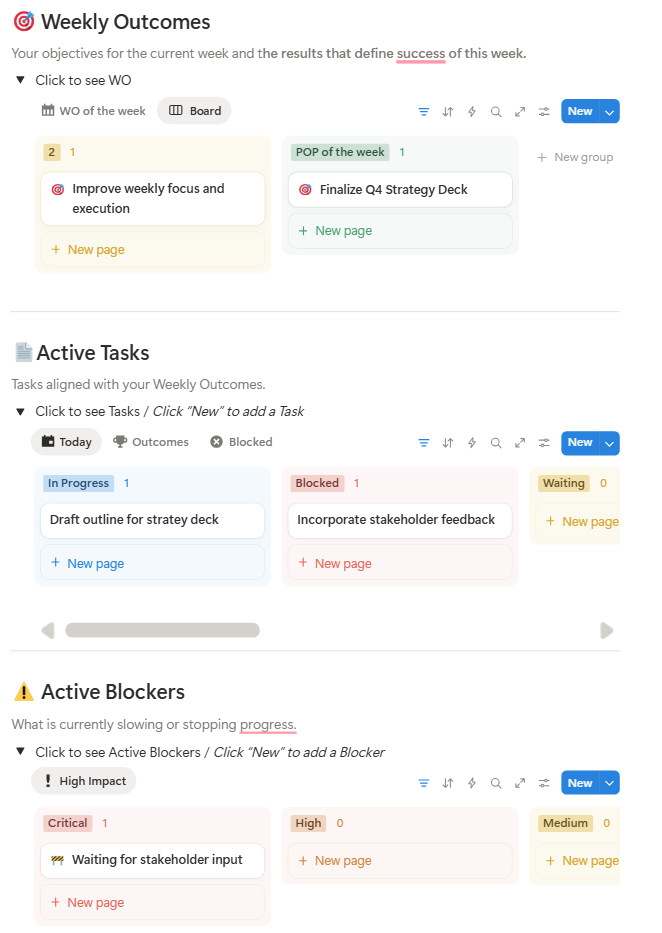 NeXaOS weekly outcomes, active tasks and blockers