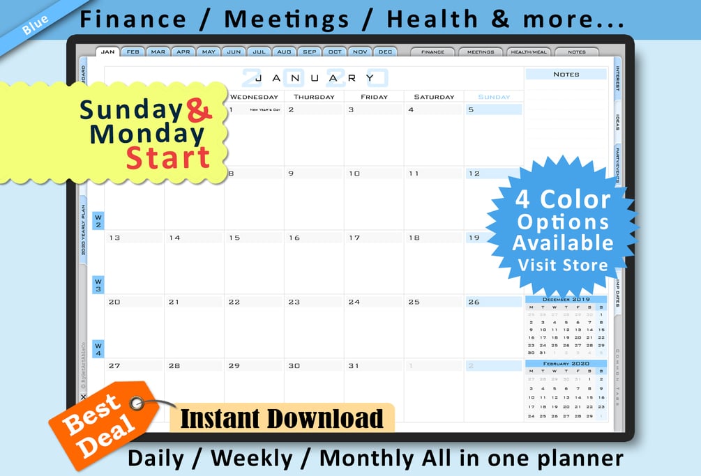 2020 Digital ipad planner, SundayStart, MondayStart, daily weekly pages ...
