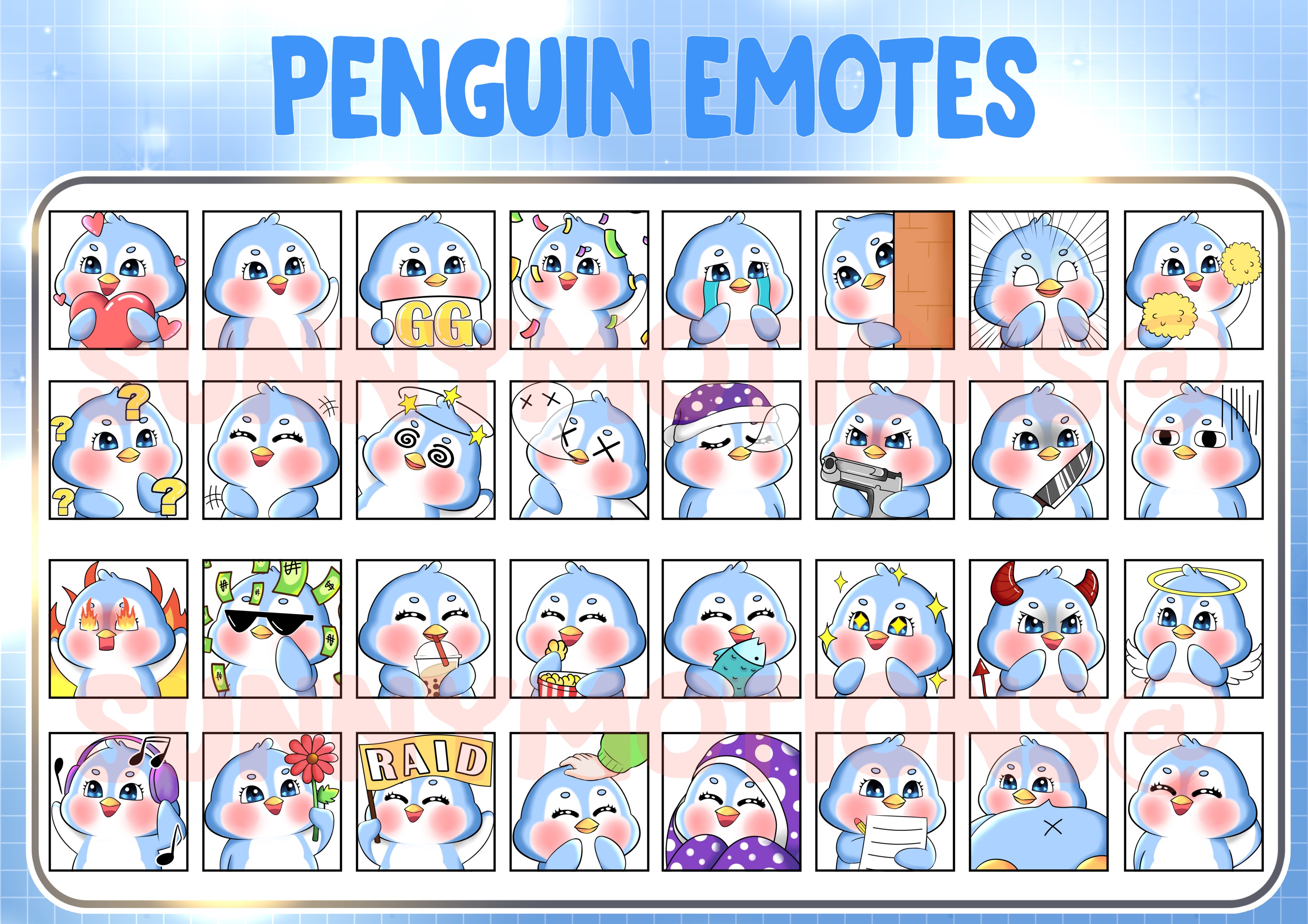 Blue Penguin Giant Emote Pack for Twitch or Discord 