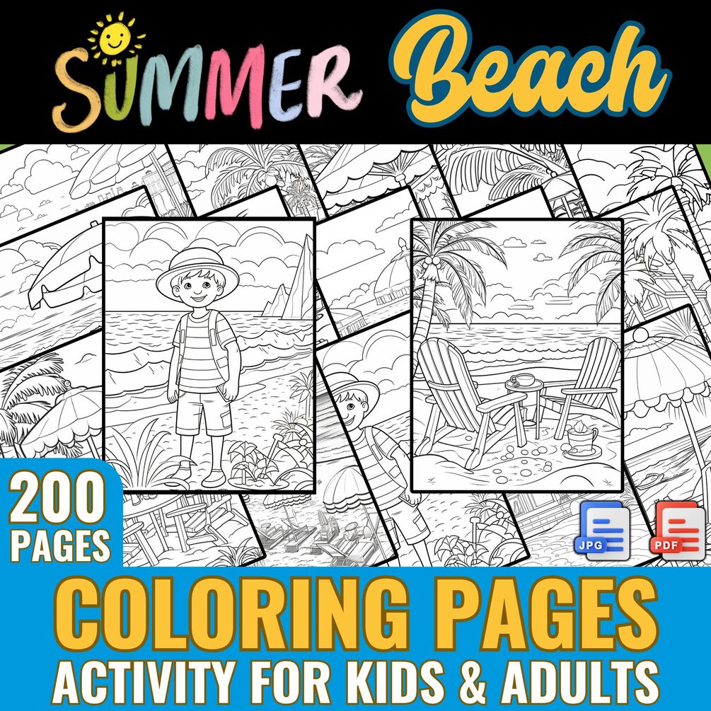Summer Beach Day Coloring Pages - Summer Activity for Kids & Adults