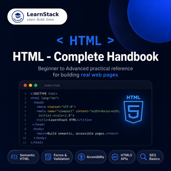 HTML Complete Handbook 2026 — Beginner to Advanced Practical Web Reference cover by LearnStack