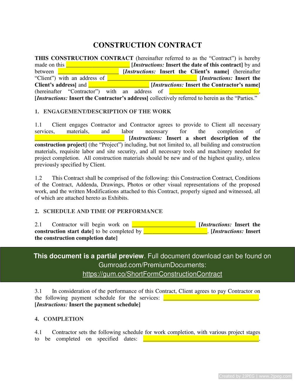 construction contract agreement template