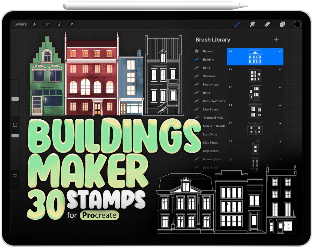 30 Building Maker Brush Collection for Procreate by ProCreativeBreeze