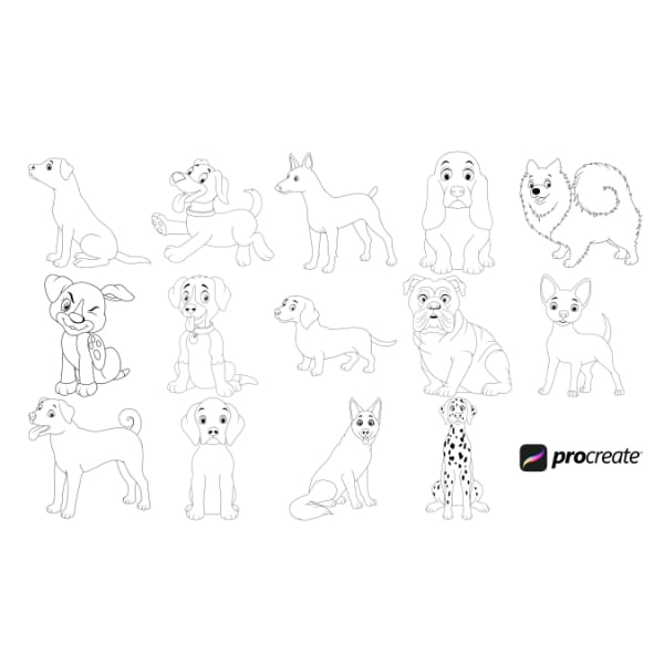 Cartoon Dogs Outlines Set 5 Procreate Brush Stamps, 14 Dog Brushes by Disasterology Ink