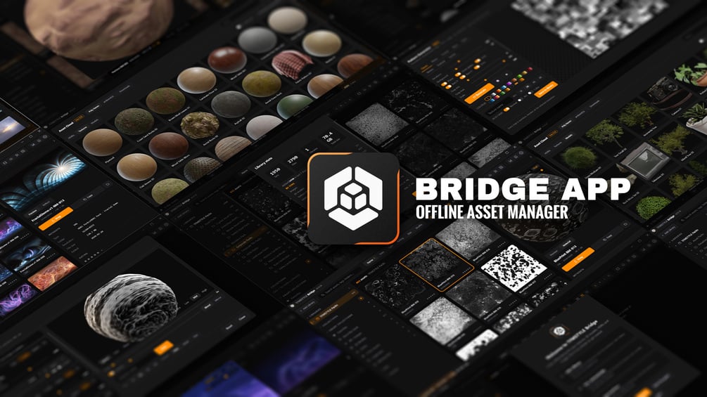 Bridge, the offline asset manager, shown across several of its library screens