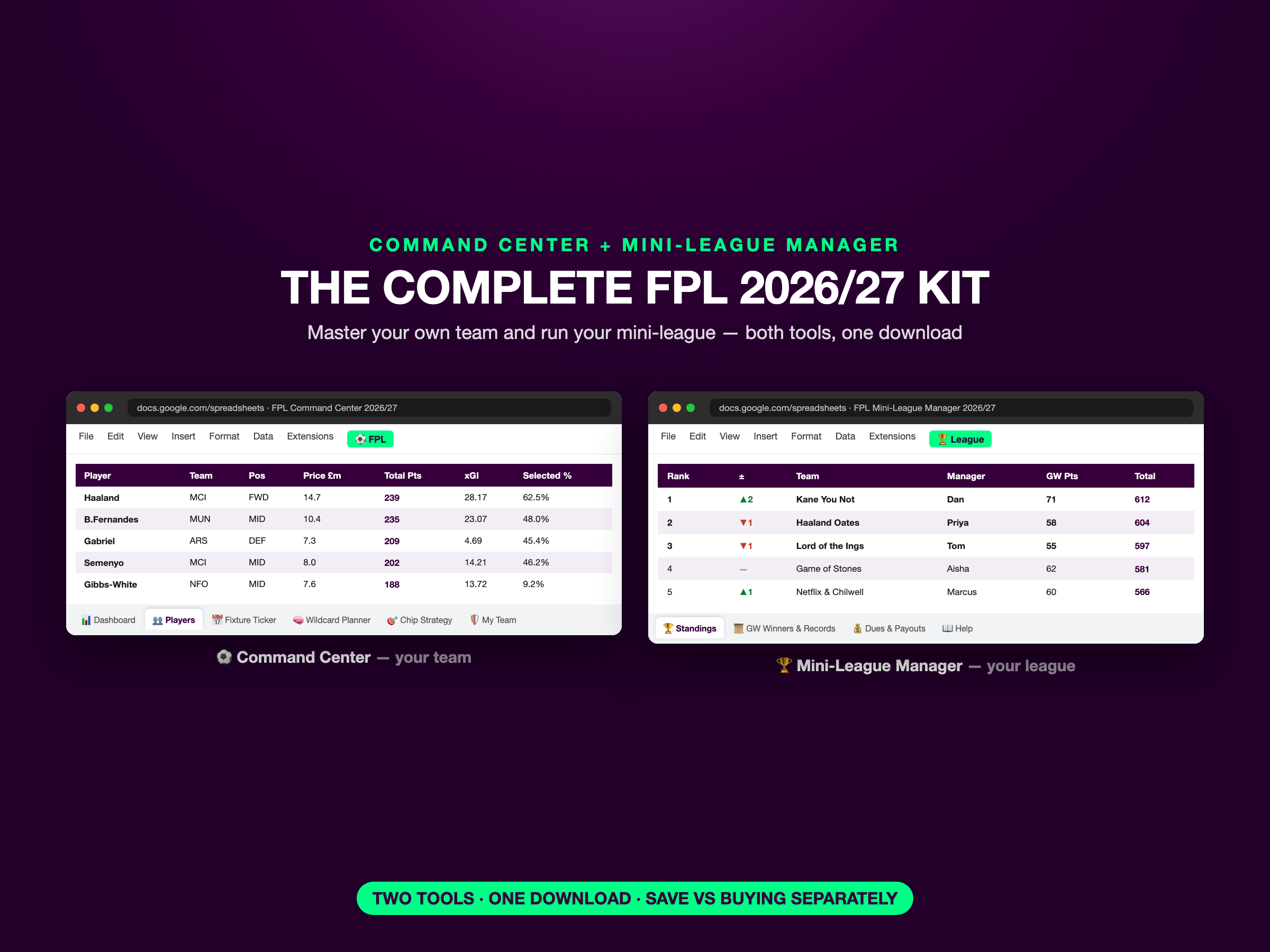 Both tools side by side in Google Sheets: the Command Center player database and the Mini-League Manager standings table