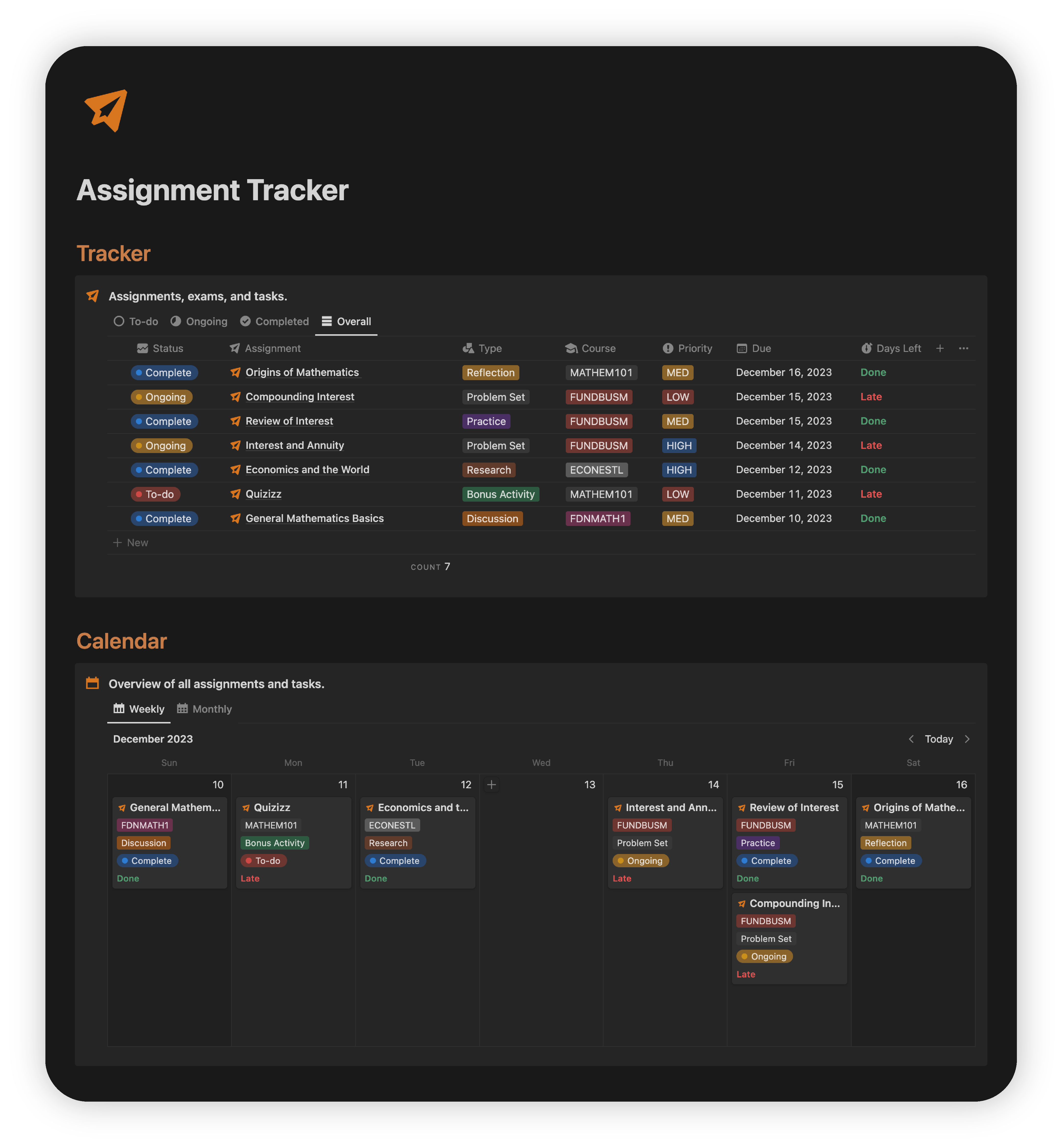 Assignment tracker minimalist notion template