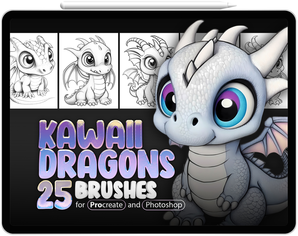 25 Kawaii Dragons Brushes Collection for Procreate and Photoshop by ProCreativeBreeze