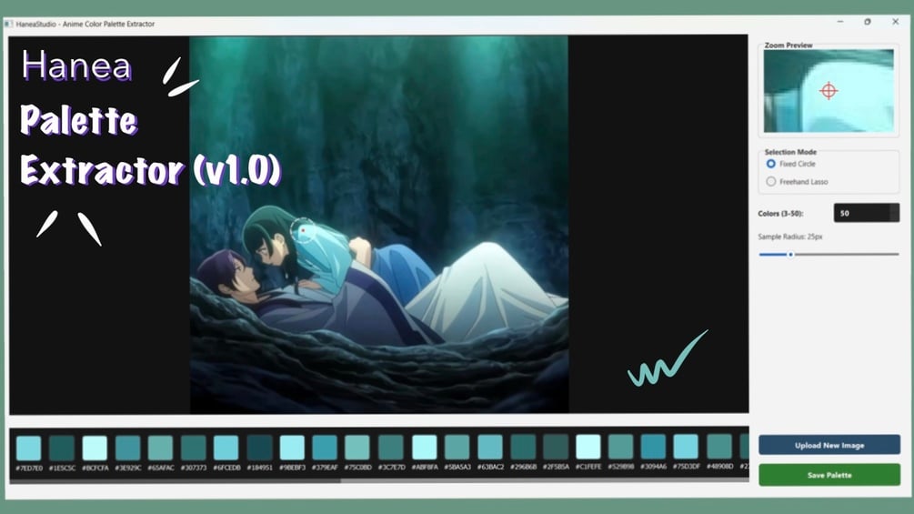 I made a free offline desktop tool to extract up to 50 colors from anime frames & art studies (Free  logo