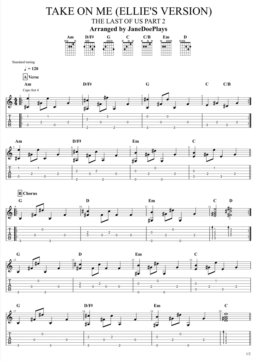 Take on me Easy Version (Ellie's version) Fingerstyle guitar TABS