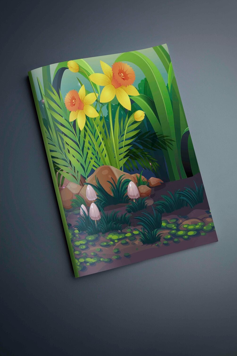 Beautiful flowers in between green leaves scene near the ground style