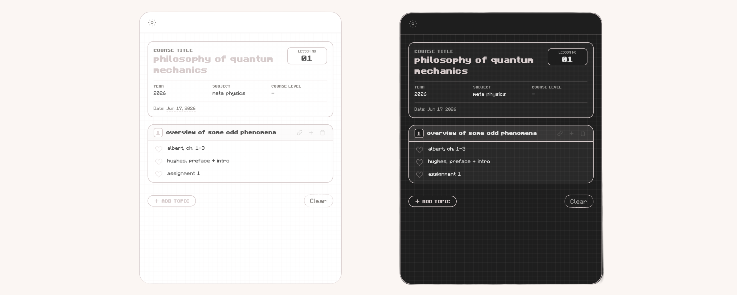 DIgital syllabus and lesson tracker widget for Notion.
