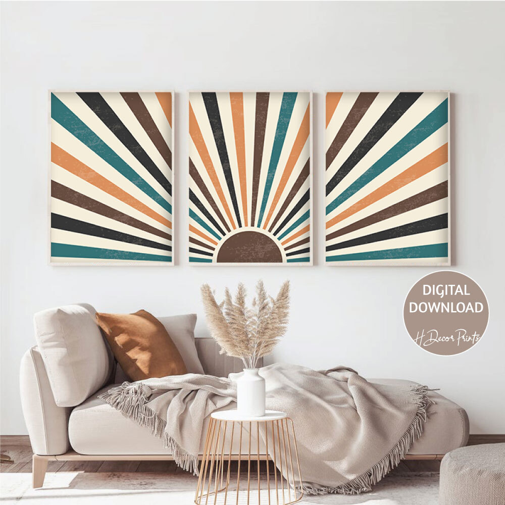 Boho Sun Print Set Colorful Wall Art Boho Wall Decor Retro Wall