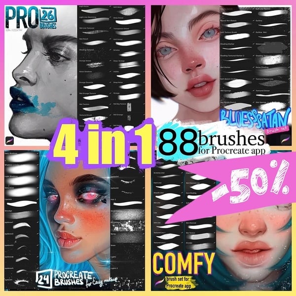 4 in 1! Set with 88 brushes for Procreate app. 