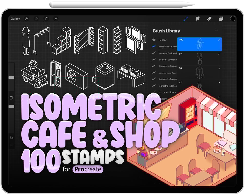 100 Cafe Isometric Stamps Brushes Collection for Procreate by ProCreativeBreeze