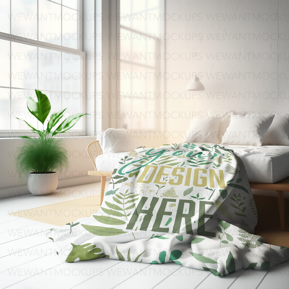 Sublimation Bohemian Room White Blanket on Bed Mockup White Throw