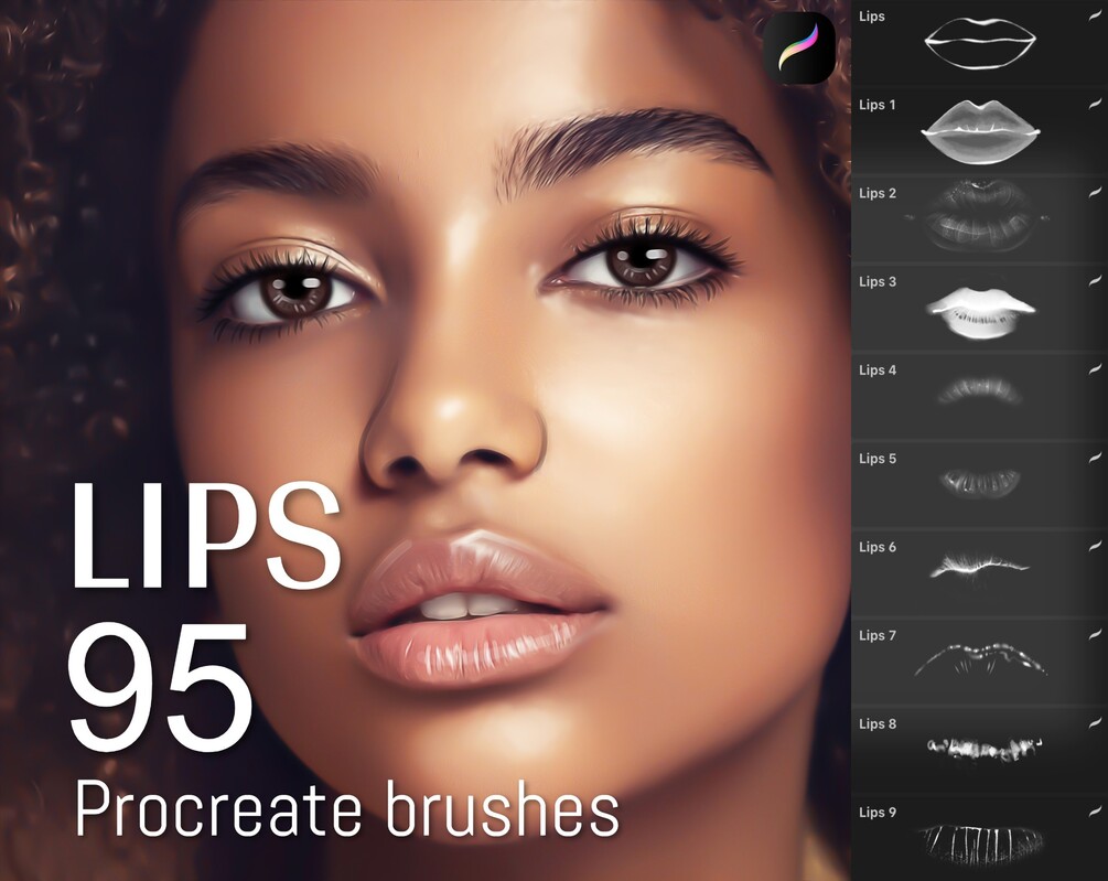 95 Lips brushes for Procreate, Gloss brushes, Lips stamps, iPad brushes, Procreate brush pack