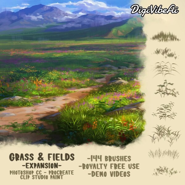 Grass & Fields Brush Pack (Procreate, Photoshop CC, Clip Studio Paint) by DigiVibeAi