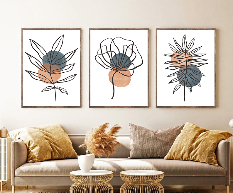 Boho Botanical Print Set of 3, brown and blue Gallery Wall art