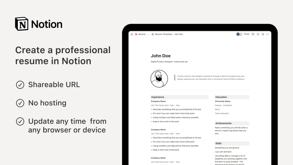 John Doe's CV  Notion Template