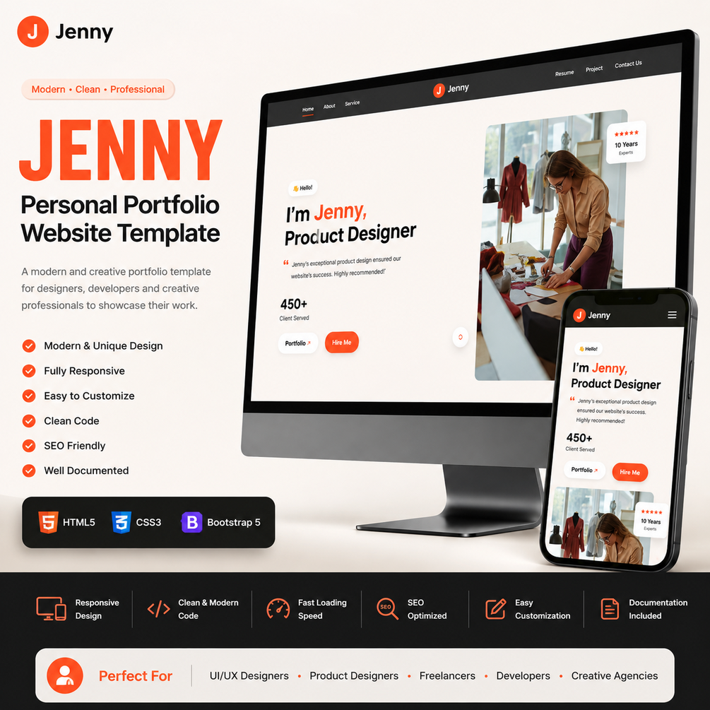 Wide desktop walkthrough for Jenny — Premium Personal Portfolio Website Template (HTML5 + Bootstrap 5 + WordPress + Elementor)