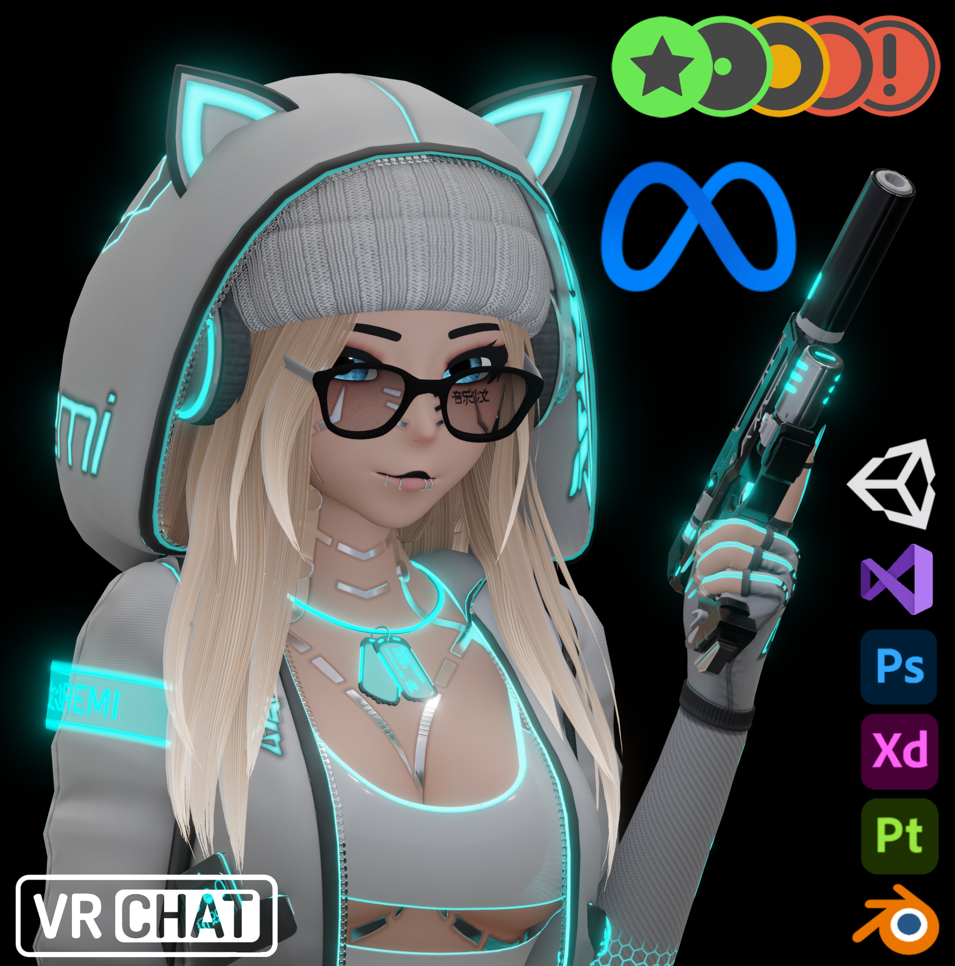 Cyberpunk woman portrait with VR headset in high quality, avatar