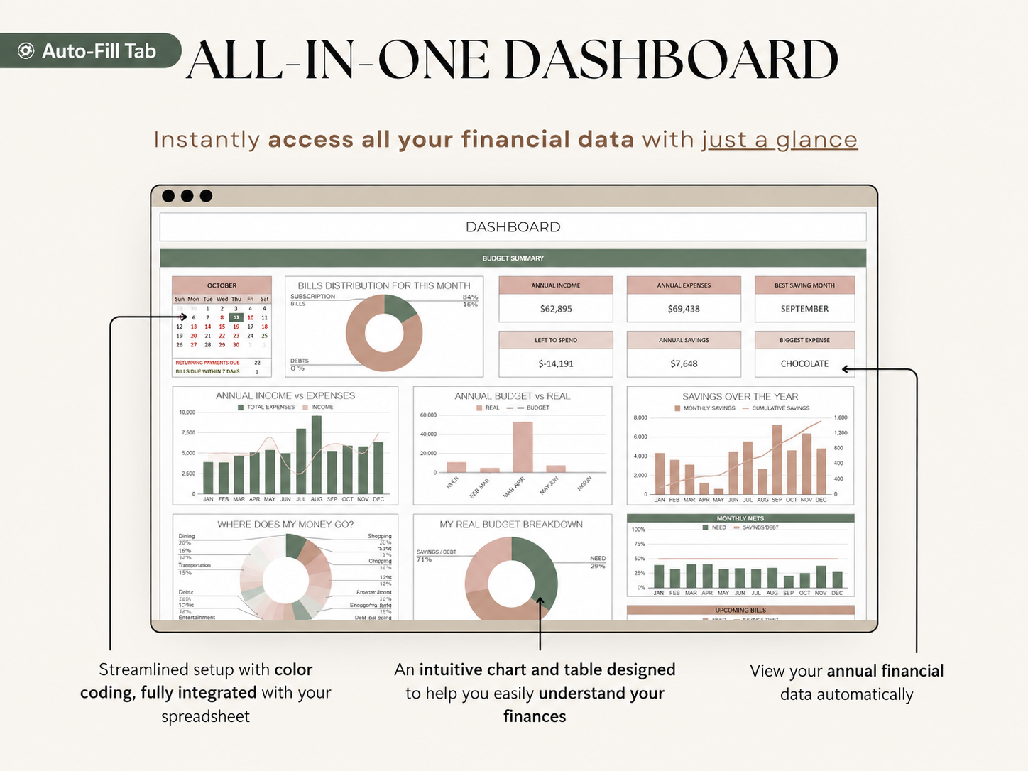 Dashboard tab — yearly totals and every spending category against budget
