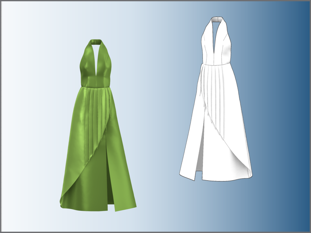 Green Evening Dress/Pleated Pattern DXF/PDF for CLO3D/Ai