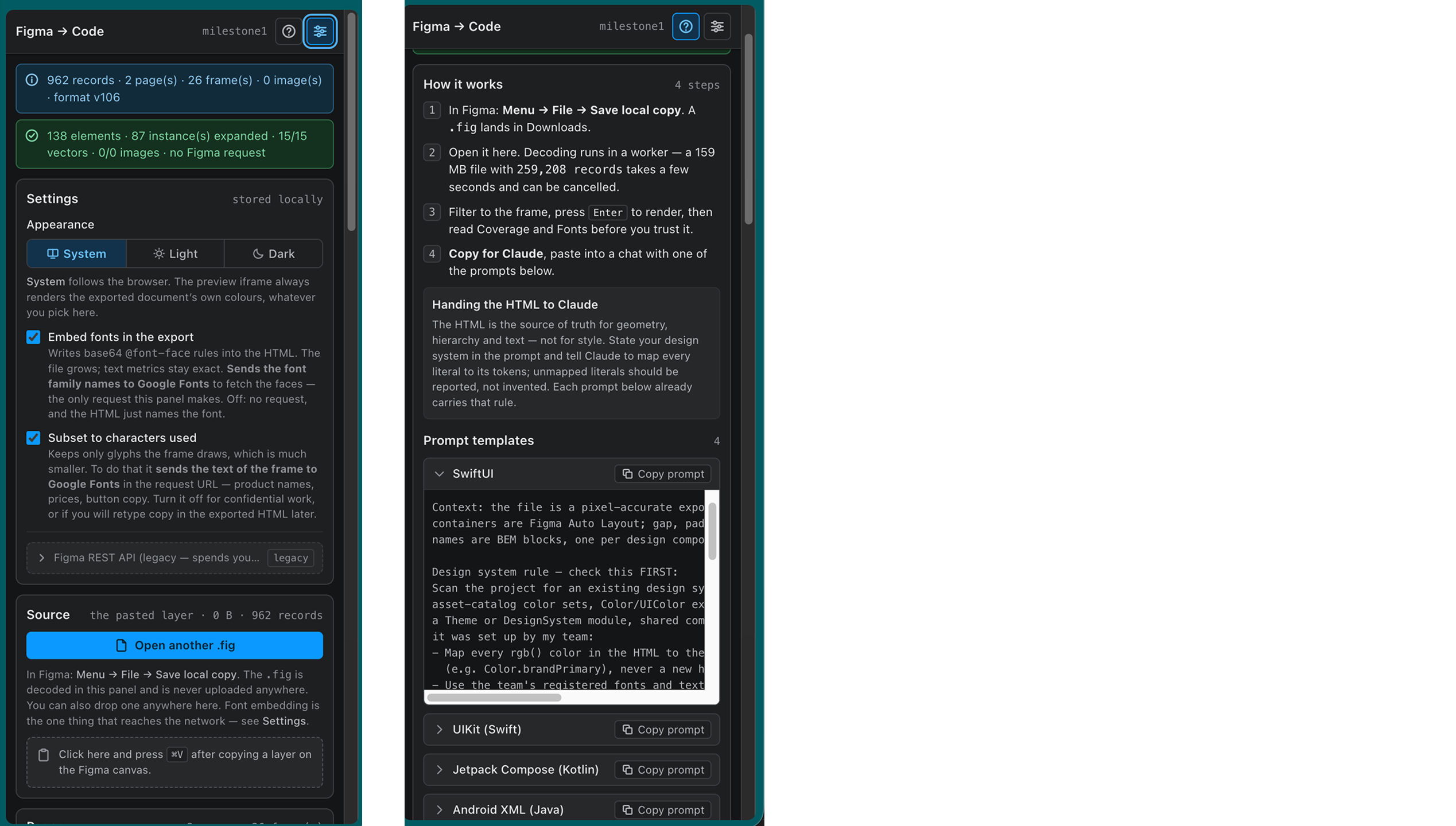 Figma to Code settings for font embedding and prompt templates for SwiftUI, UIKit, Jetpack Compose, and Android XML