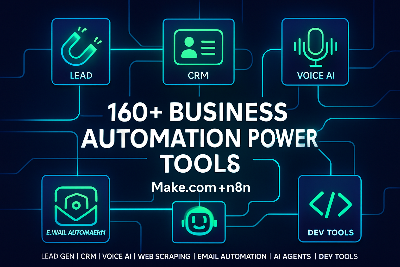 160+ Business Automation Power Tools for Make.com and n8n including lead generation, CRM, voice AI, web scraping, email automation, AI agents, and developer tools.