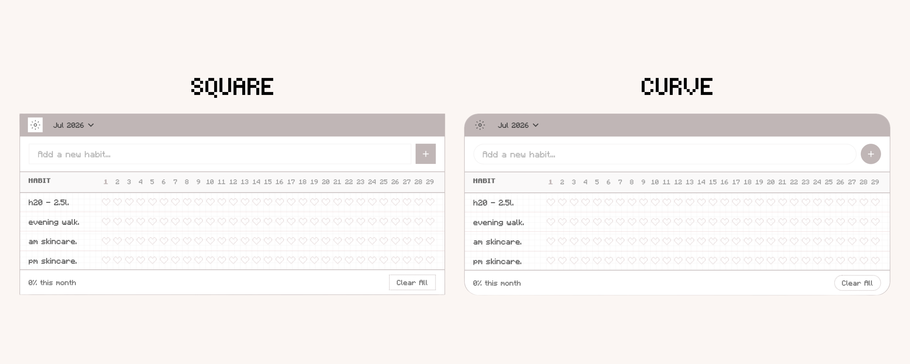 Aesthetic Digital Habit Tracker, Light Mode, Square and Curve theme. Customizable. Digital Planner Widget