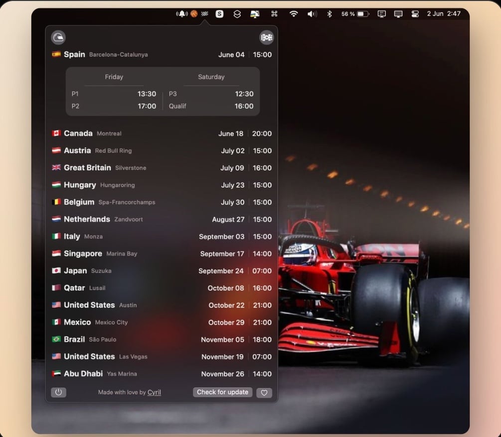 🏁 GP Calendar 2024 Formula 1 Calendar on your mac bar