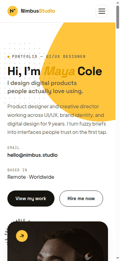 Desktop first screen of the Nimbus Studio website