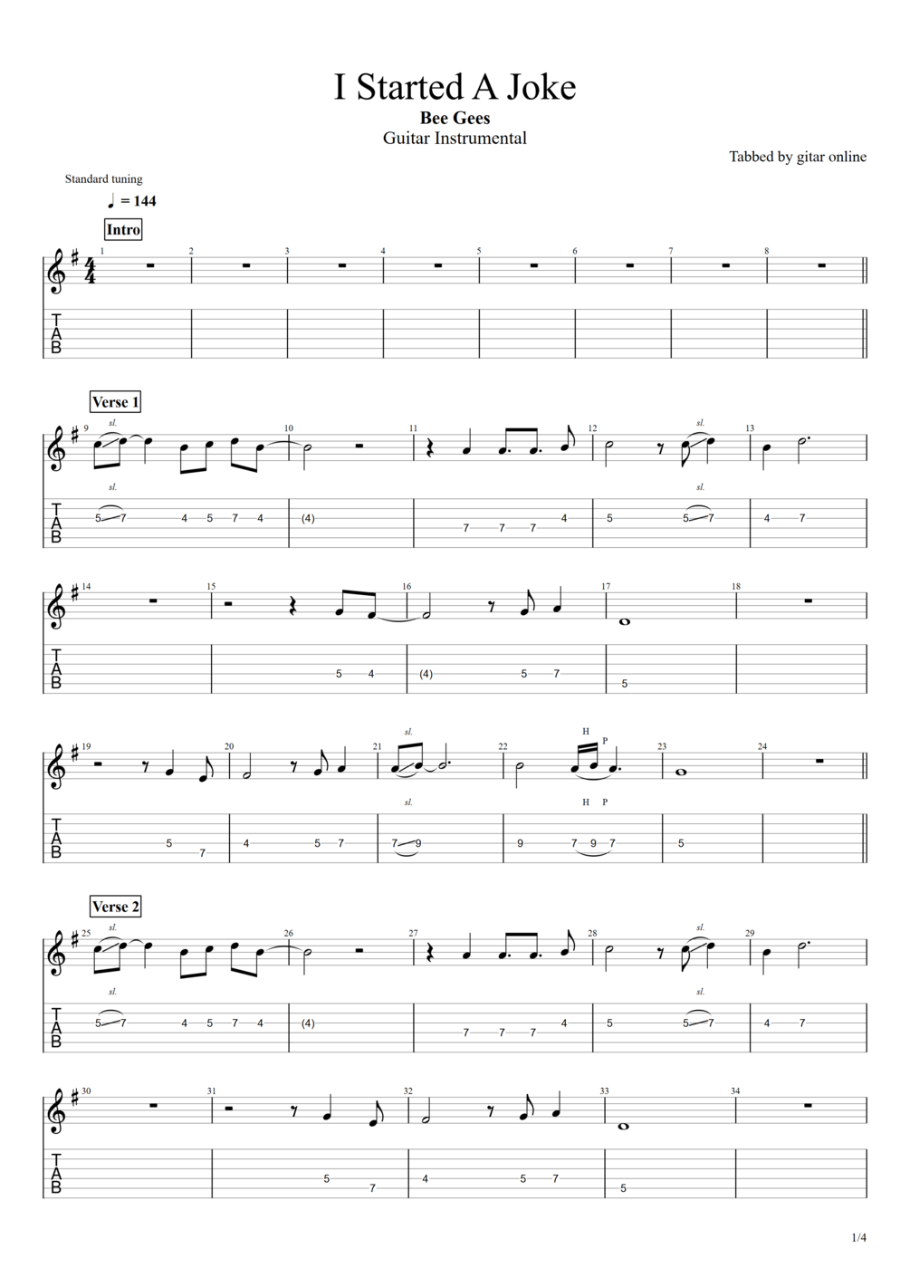 TAB. I Started A Joke Bee Gees (Guitar Instrumental)