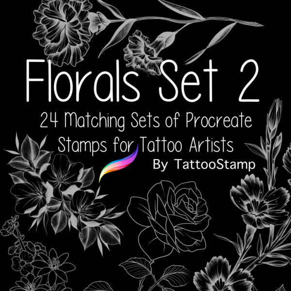 Flower Procreate Tattoo Brush Stamps | 24 Full Size Flower Sets by TattooStamp