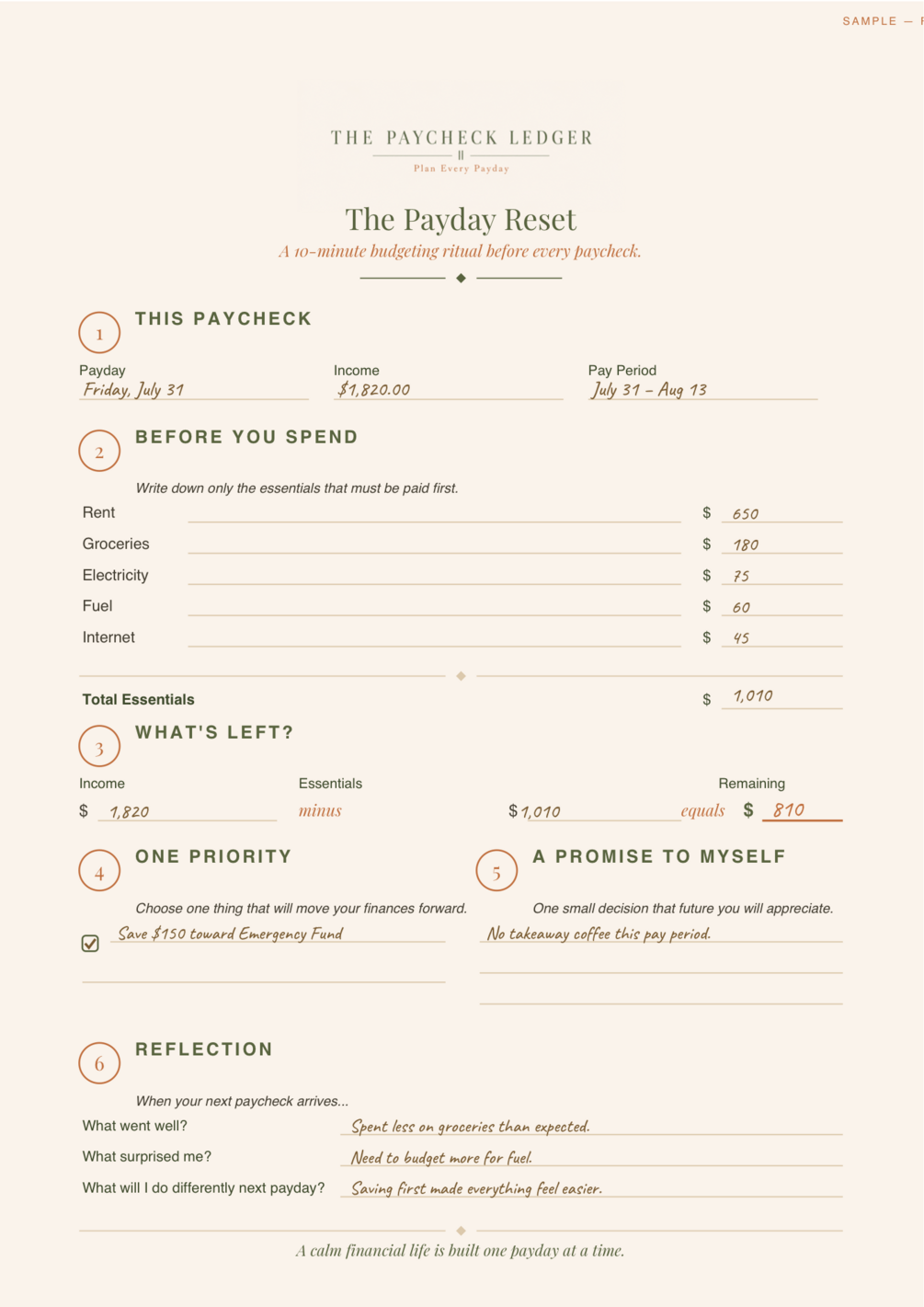 Filled Payday Reset Worksheet