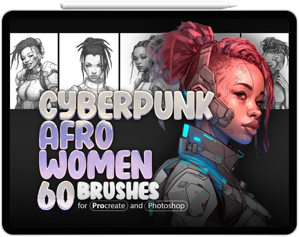 60 Cyberpunk Afro Women Brushes Collection for Procreate and Photoshop by ProCreativeBreeze